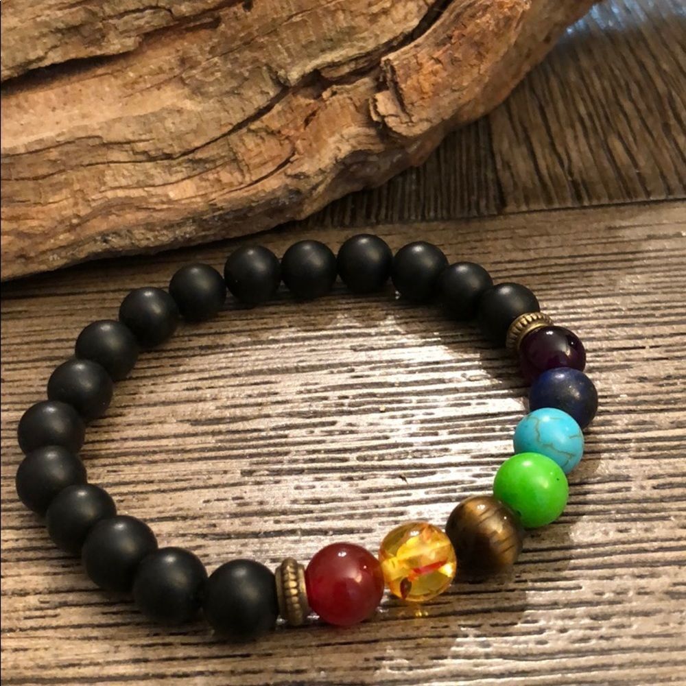 Chakra & Black Bead Rainbow Stretch Bracelet